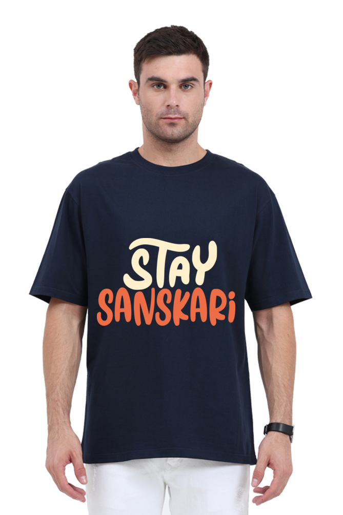 Stay Sanskari Unisex Oversized T-shirt - Navy Blue / S