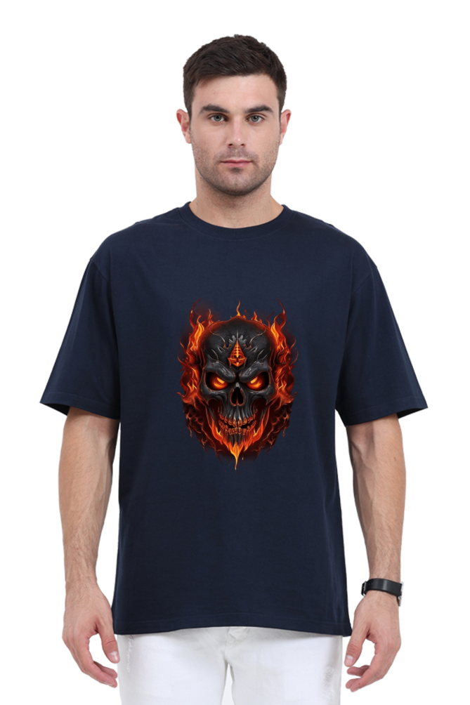 Burning Skull Unisex Oversized T-shirt for men dark blue color