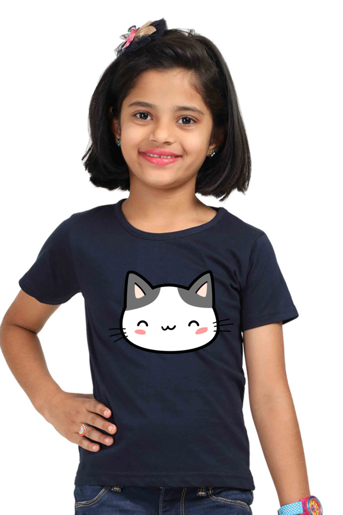 Cute kitty Cat Head Girls T-shirt - Navy Blue / 5Yrs