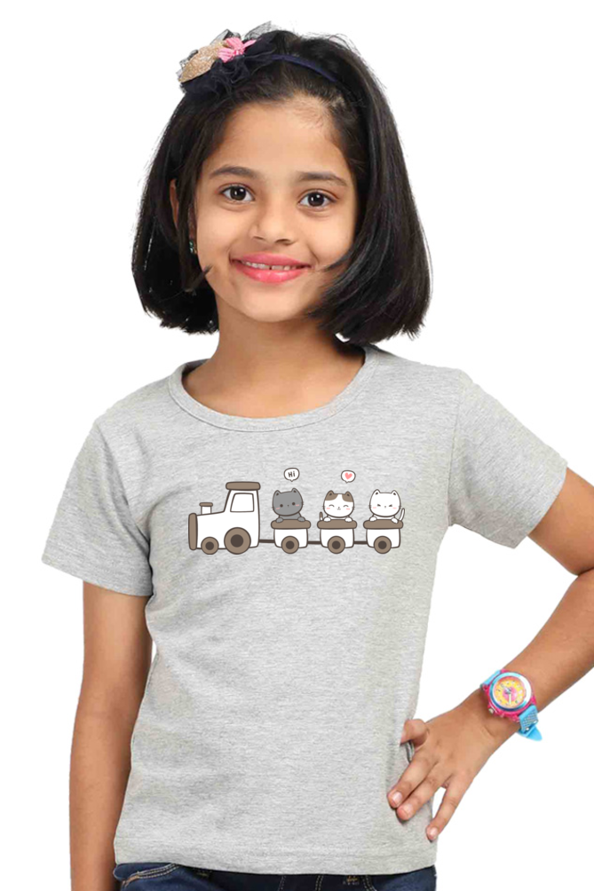 Cute Kitty Cat on Train Girls T-shirt - Grey Melange / 5Yrs