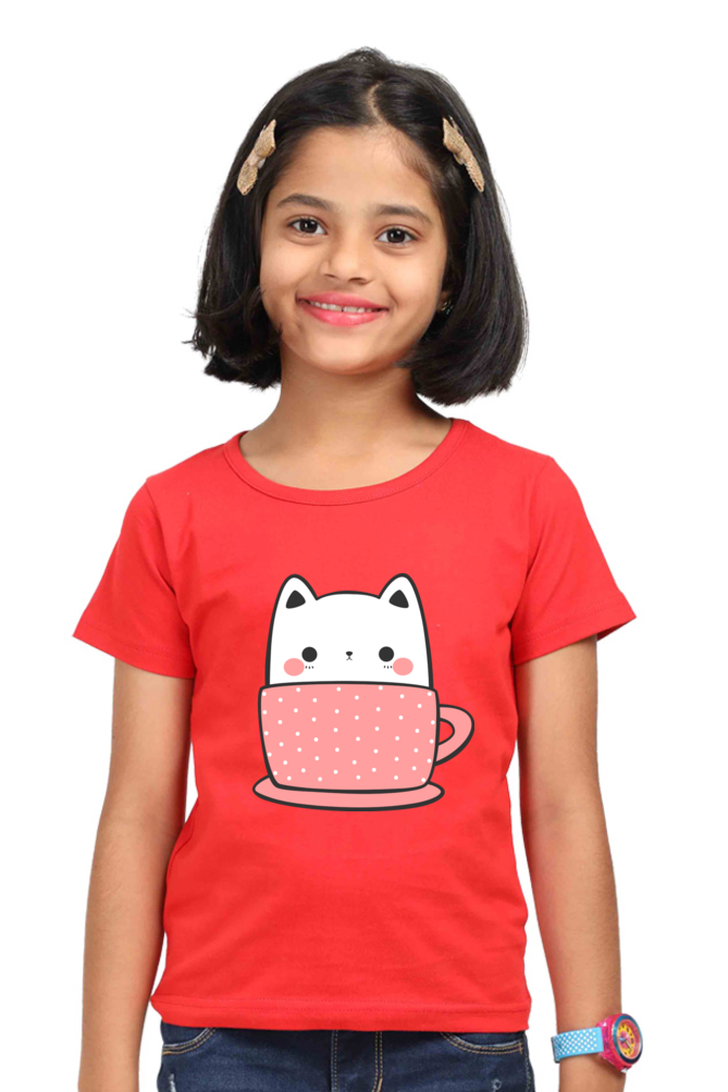 Cute Kitty Cat in Coffee Mug Girls T-shirt