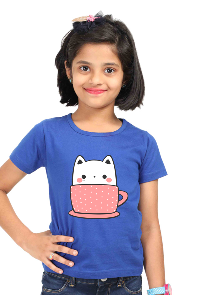 Cute Kitty Cat in Coffee Mug Girls T-shirt