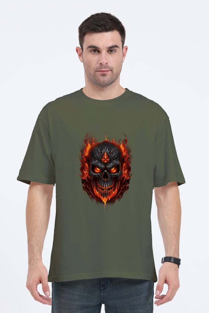 Burning Skull Unisex Oversized T-shirt for men olive green color