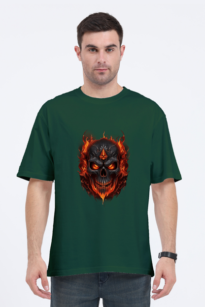 Burning Skull Unisex Oversized T-shirt for men dark green color