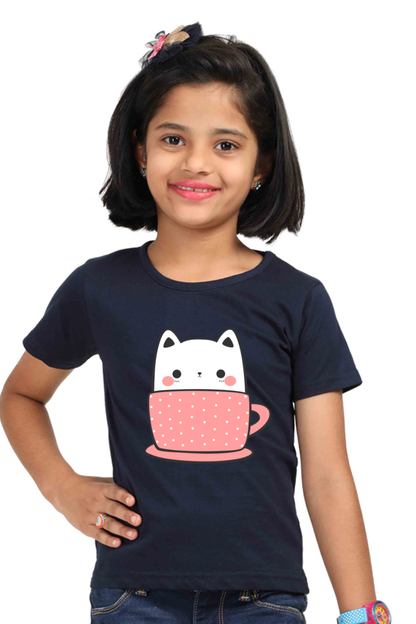 Cute Kitty Cat in Coffee Mug Girls T-shirt