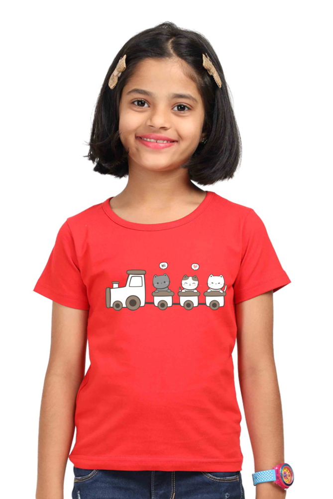 Cute Kitty Cat on Train Girls T-shirt - Red / 5Yrs