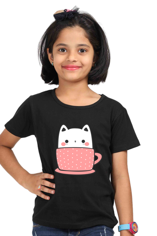 Cute Kitty Cat in Coffee Mug Girls T-shirt