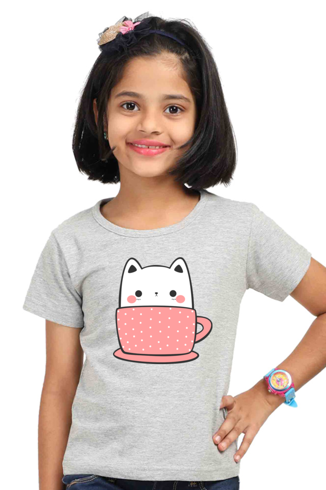 Cute Kitty Cat in Coffee Mug Girls T-shirt