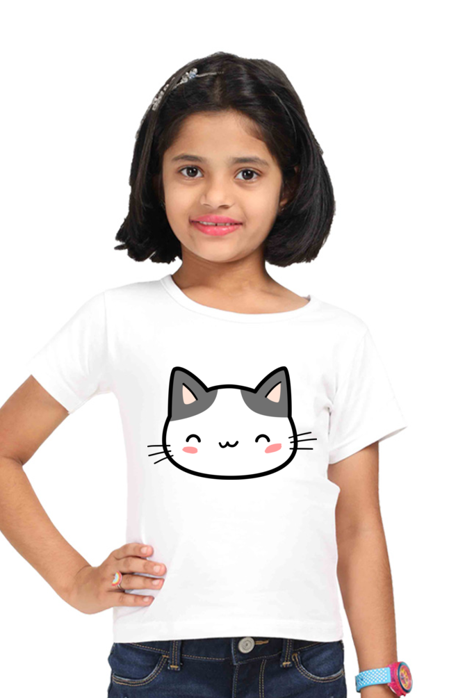 Cute kitty Cat Head Girls T-shirt - White / 5Yrs