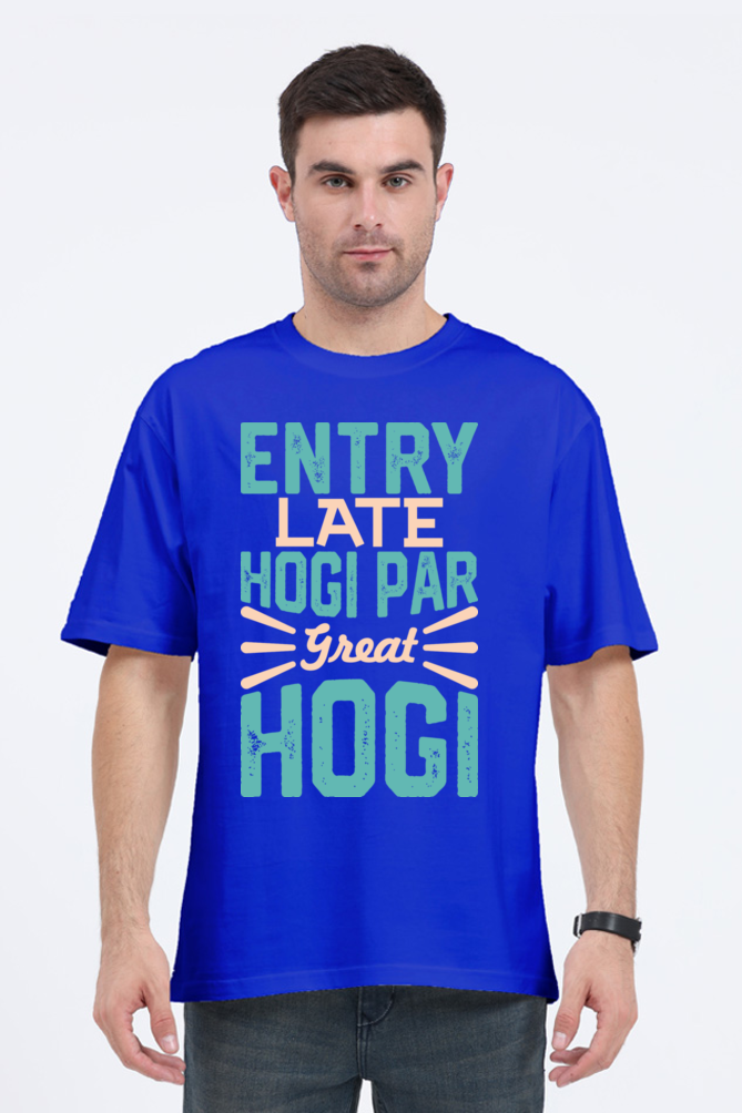 Entry Late Hogi Par Great Hogi (Front) Unisex Oversized T-shirt - Royal Blue / XS