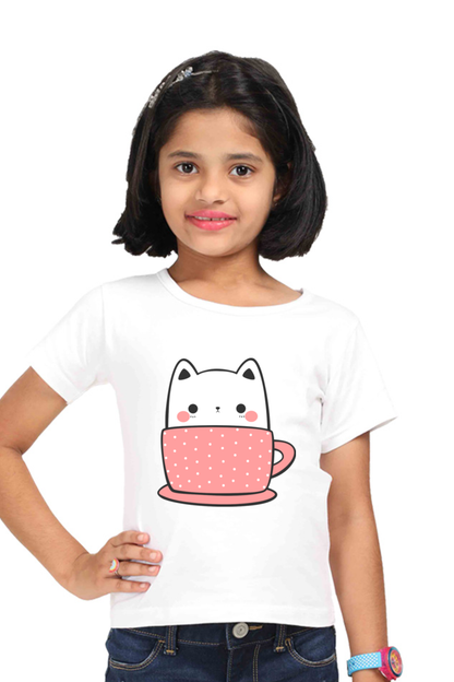 Cute Kitty Cat in Coffee Mug Girls T-shirt