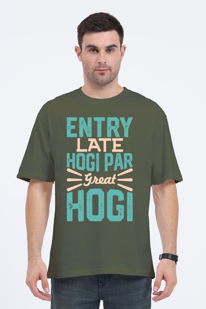 Entry Late Hogi Par Great Hogi (Front) Unisex Oversized T-shirt - Olive Green / XS